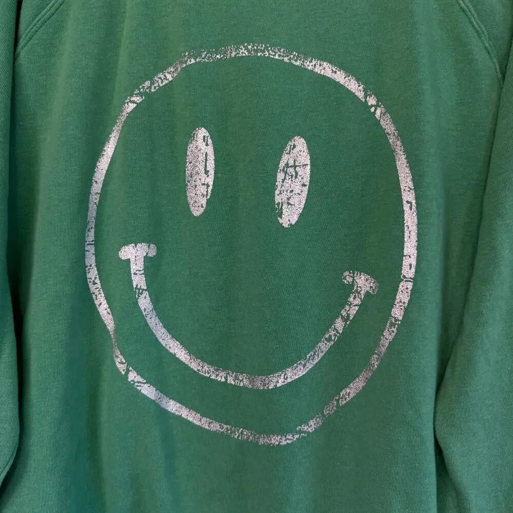 Free People Smiley Face Sweatshirt Women Small FP Movement Sweater Green Burnout